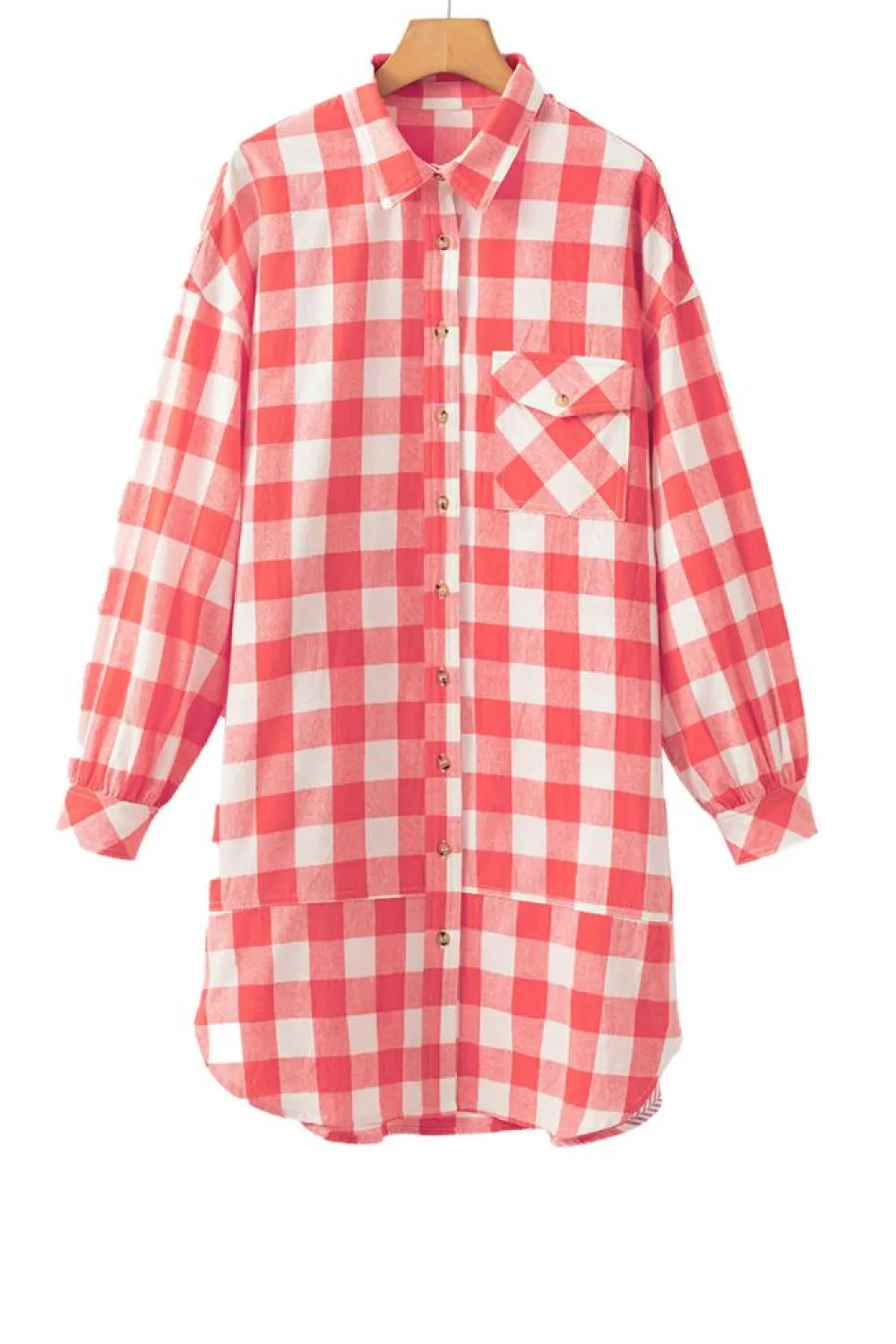 Clearance Dear-Lover Oversized Plaid Puff Sleeve Round Hem Shirt Dress Pink