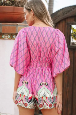 Discount Dear-Lover Paisley Geometric Print V Neck High Waist Romper Pink
