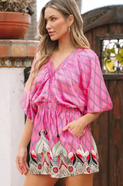 Discount Dear-Lover Paisley Geometric Print V Neck High Waist Romper Pink