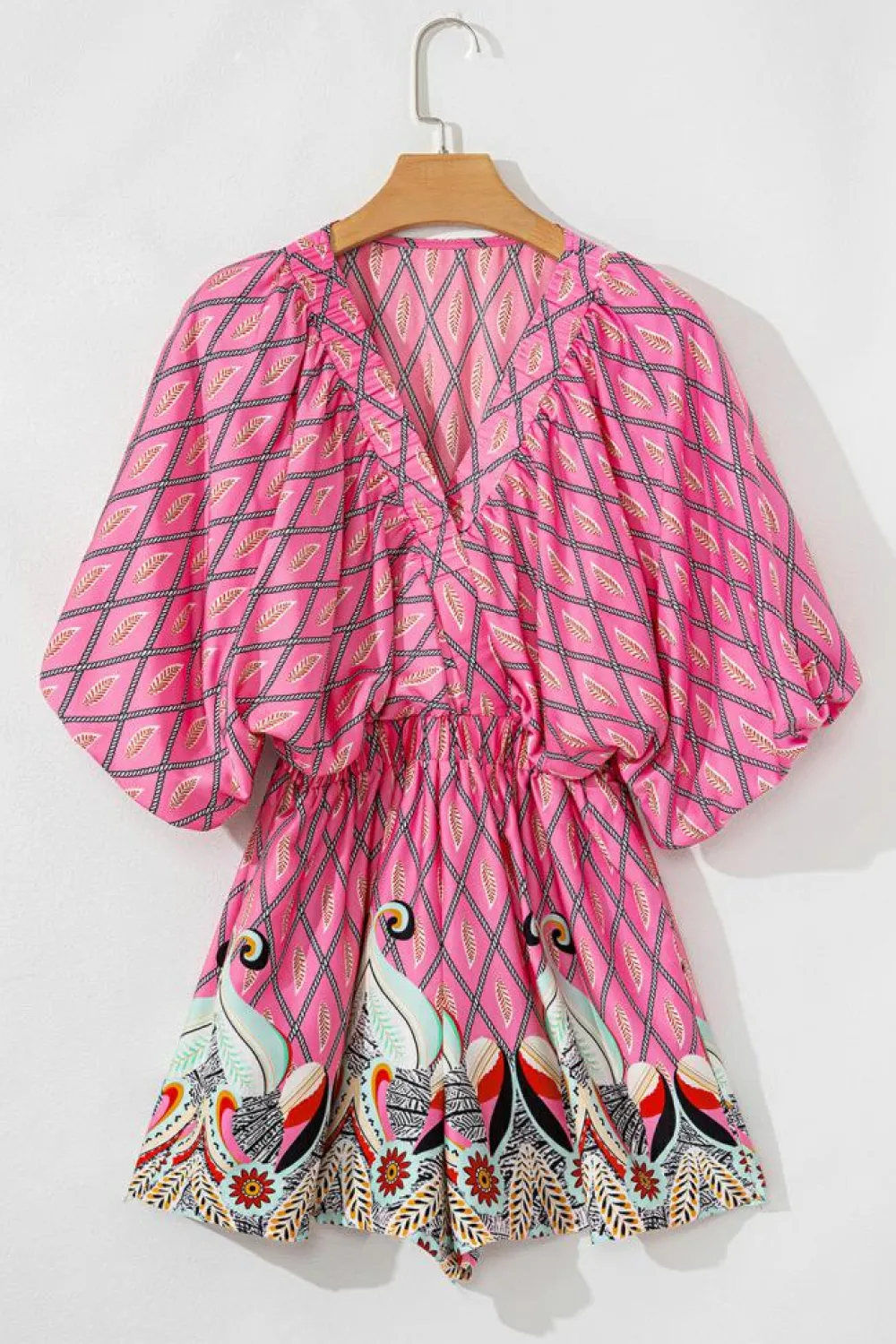 Discount Dear-Lover Paisley Geometric Print V Neck High Waist Romper Pink