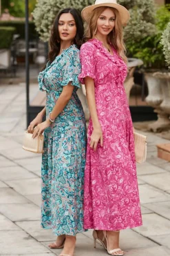 Outlet Dear-Lover Paisley Print Boho Holiday Ruffle Tiered Maxi Dress Pink