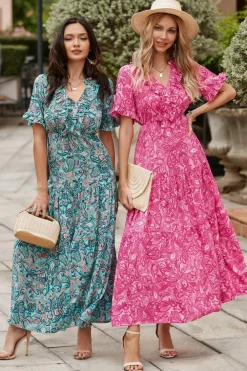 Outlet Dear-Lover Paisley Print Boho Holiday Ruffle Tiered Maxi Dress Pink