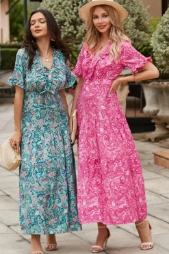Outlet Dear-Lover Paisley Print Boho Holiday Ruffle Tiered Maxi Dress Pink