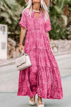 Outlet Dear-Lover Paisley Print Boho Holiday Ruffle Tiered Maxi Dress Pink