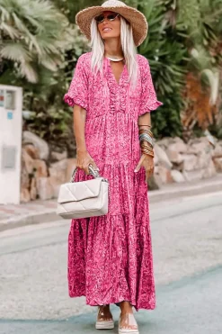 Outlet Dear-Lover Paisley Print Boho Holiday Ruffle Tiered Maxi Dress Pink