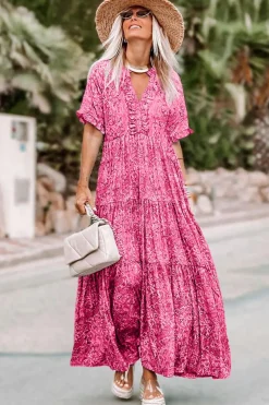 Outlet Dear-Lover Paisley Print Boho Holiday Ruffle Tiered Maxi Dress Pink