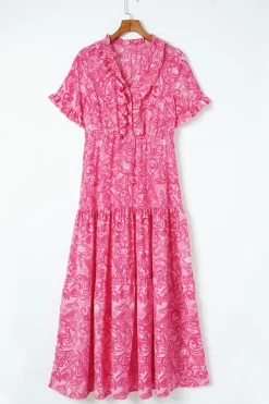 Outlet Dear-Lover Paisley Print Boho Holiday Ruffle Tiered Maxi Dress Pink