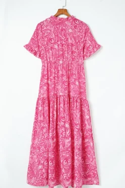 Outlet Dear-Lover Paisley Print Boho Holiday Ruffle Tiered Maxi Dress Pink