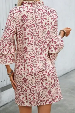 Outlet Dear-Lover Paisley Print Tiered 3/4 Sleeve Notched Neck Mini Dress Pink