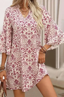 Outlet Dear-Lover Paisley Print Tiered 3/4 Sleeve Notched Neck Mini Dress Pink