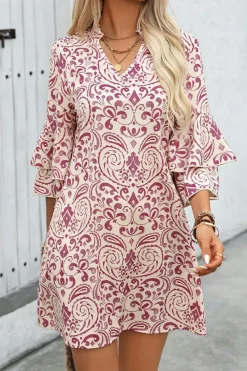 Outlet Dear-Lover Paisley Print Tiered 3/4 Sleeve Notched Neck Mini Dress Pink