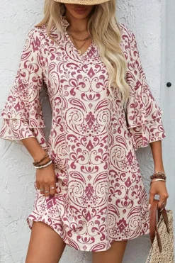 Outlet Dear-Lover Paisley Print Tiered 3/4 Sleeve Notched Neck Mini Dress Pink