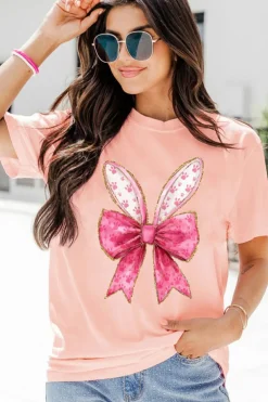Best Dear-Lover Paw Printed Bow Bunny Easter Day Fashion T Shirt Pink