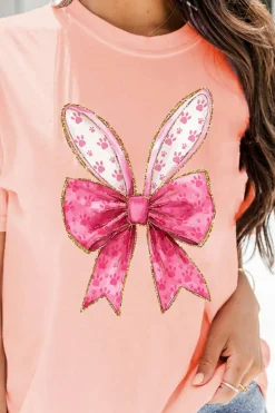 Best Dear-Lover Paw Printed Bow Bunny Easter Day Fashion T Shirt Pink