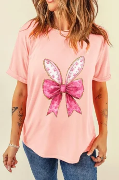 Best Dear-Lover Paw Printed Bow Bunny Easter Day Fashion T Shirt Pink