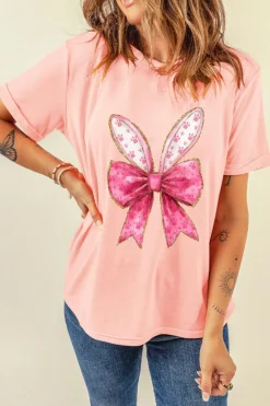 Best Dear-Lover Paw Printed Bow Bunny Easter Day Fashion T Shirt Pink