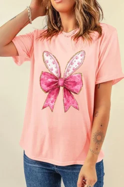 Best Dear-Lover Paw Printed Bow Bunny Easter Day Fashion T Shirt Pink