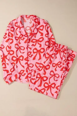 Fashion Dear-Lover 2pcs Bow Print Shirt Style Long Sleeve Pajama Set Pink