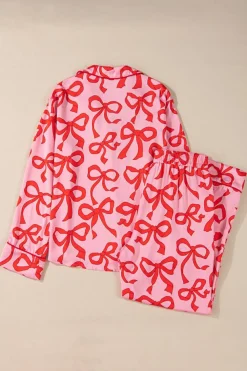 Fashion Dear-Lover 2pcs Bow Print Shirt Style Long Sleeve Pajama Set Pink