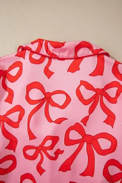 Fashion Dear-Lover 2pcs Bow Print Shirt Style Long Sleeve Pajama Set Pink
