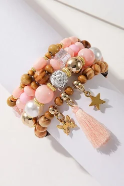 Online Dear-Lover 4Pcs Butterfly Star Pendant Tassel Beaded Bracelet Set Pink