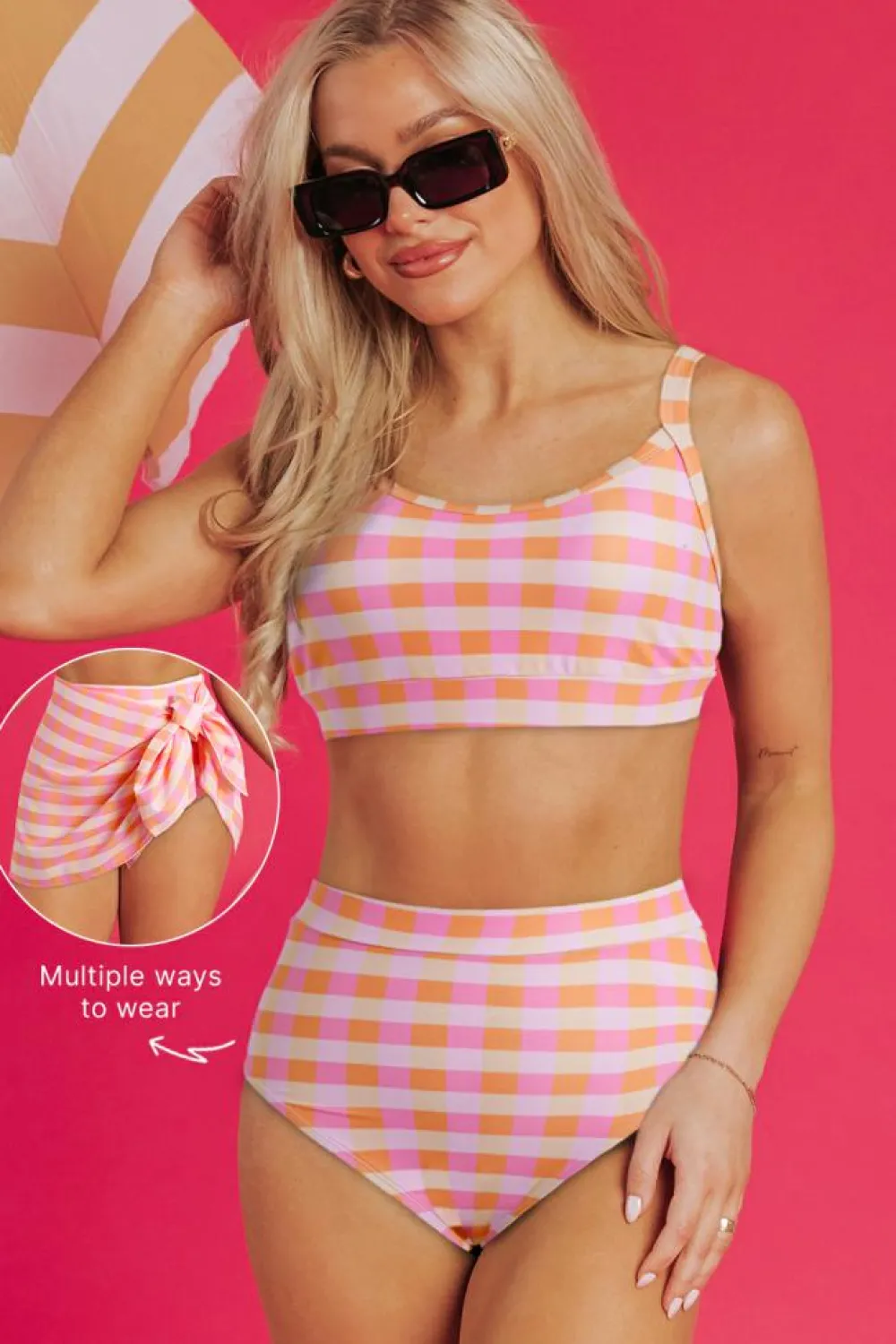New Dear-Lover 3pcs Gingham High Waist Bikini & Sarong Pink