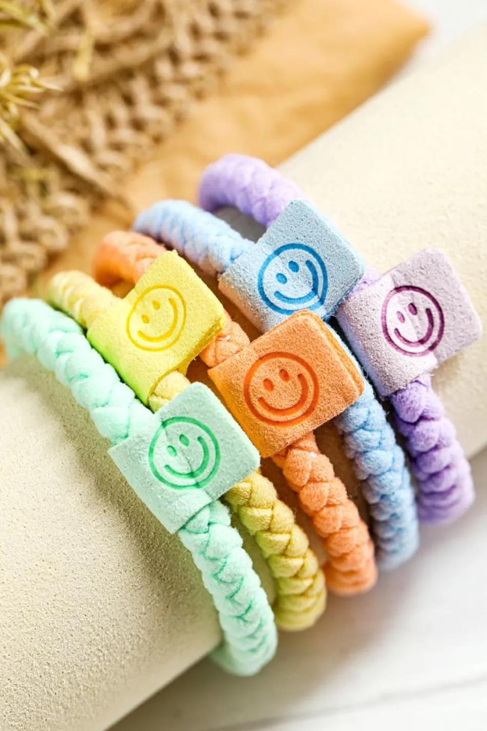 Clearance Dear-Lover 5Pcs Smile Face Tab Braided Hair Tie Set Pink