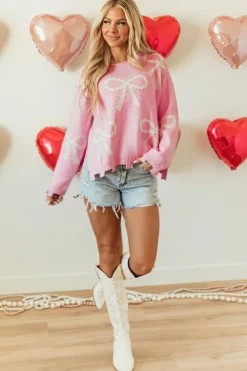 Discount Dear-Lover Pearl Beaded Bowknot Pattern Distressed Split Hem Sweater Pink