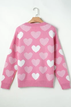 Fashion Dear-Lover Pearled Heart Print Valentines Crew Neck Sweater Pink
