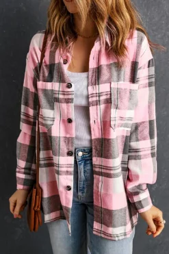 Hot Dear-Lover Plaid Button Up Patch Pocket Shirt Pink