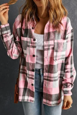 Hot Dear-Lover Plaid Button Up Patch Pocket Shirt Pink