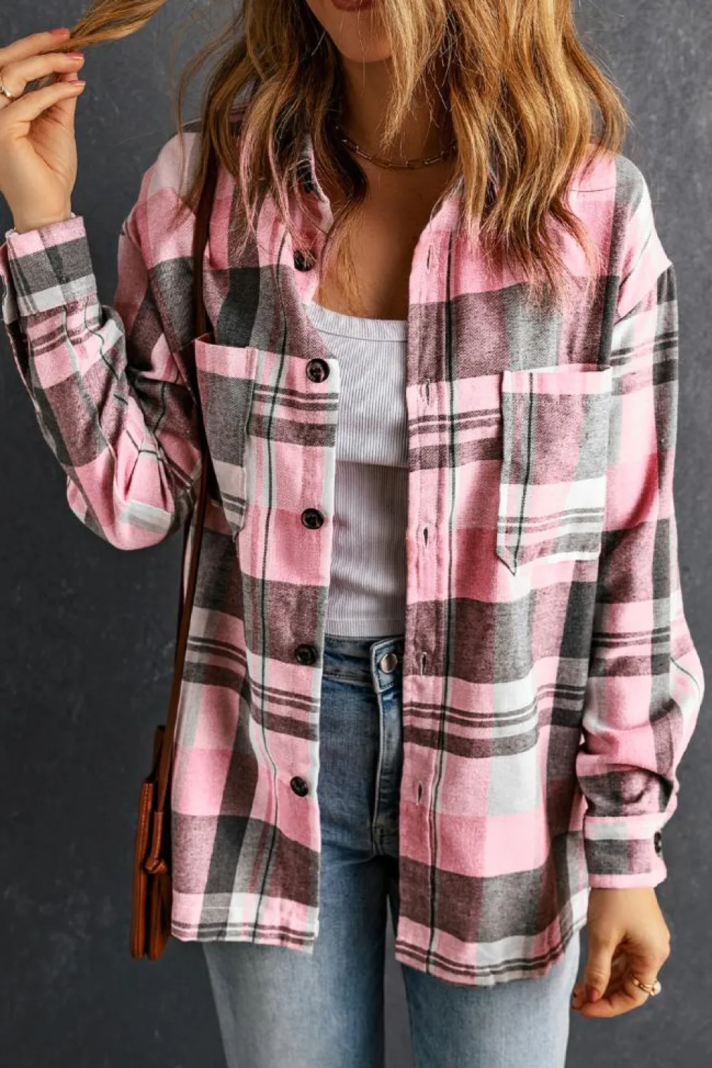 Hot Dear-Lover Plaid Button Up Patch Pocket Shirt Pink