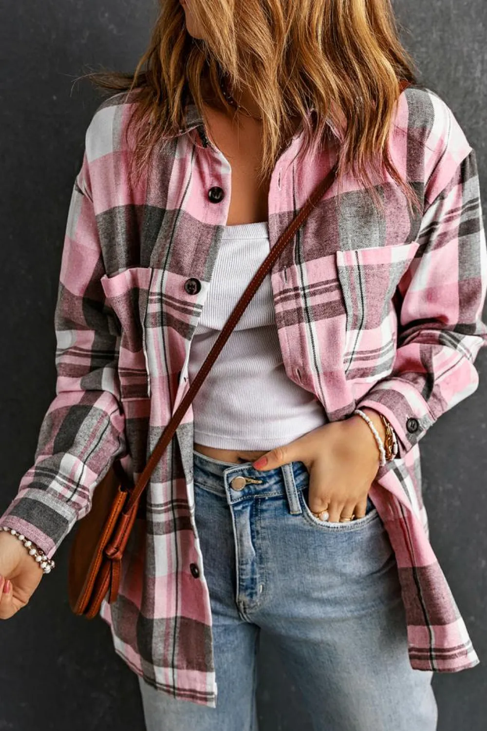 Hot Dear-Lover Plaid Button Up Patch Pocket Shirt Pink