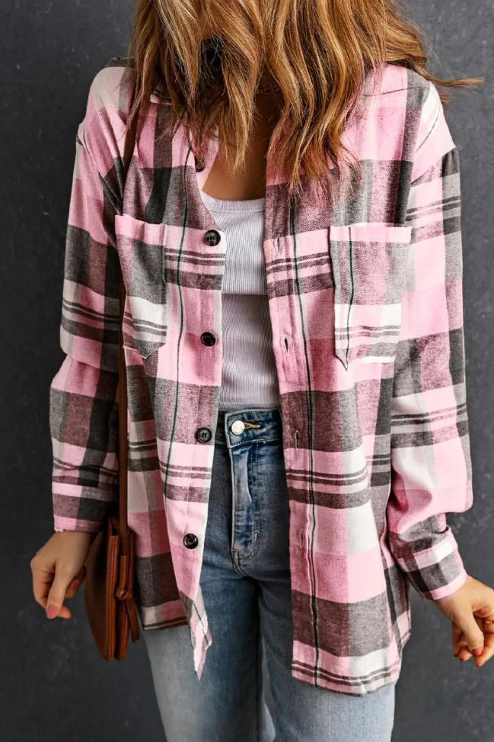 Hot Dear-Lover Plaid Button Up Patch Pocket Shirt Pink