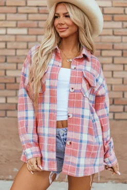 Hot Dear-Lover Plaid Flap Pocket Button Up Shacket Pink
