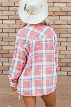 Hot Dear-Lover Plaid Flap Pocket Button Up Shacket Pink