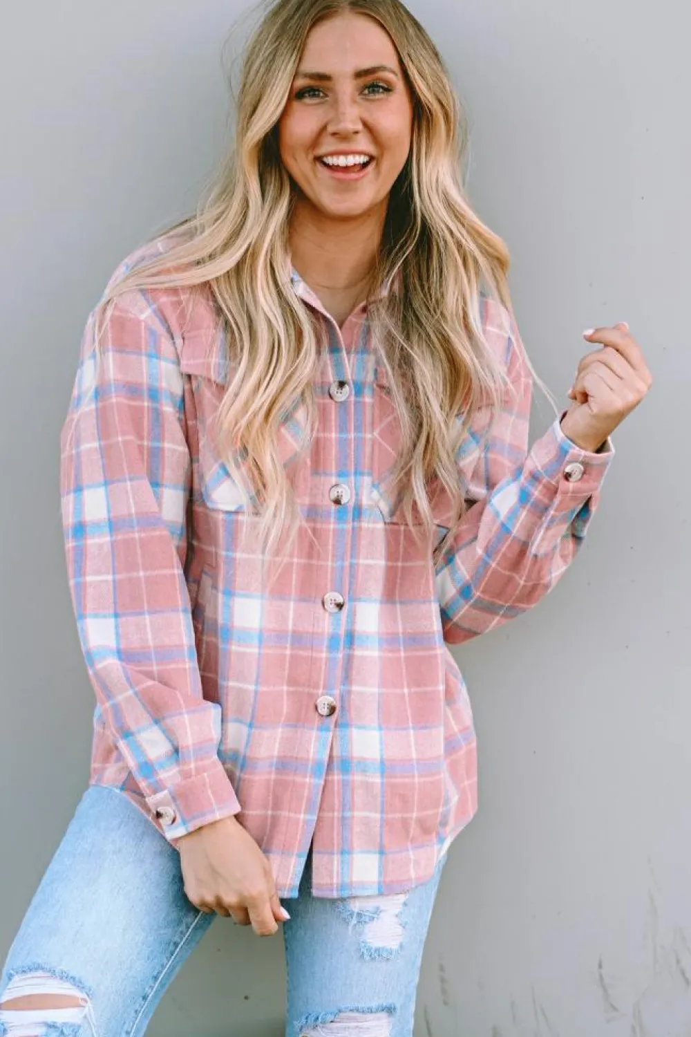 New Dear-Lover Plaid Flap Pocket Flannel Shacket Pink