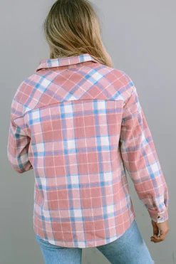 New Dear-Lover Plaid Flap Pocket Flannel Shacket Pink