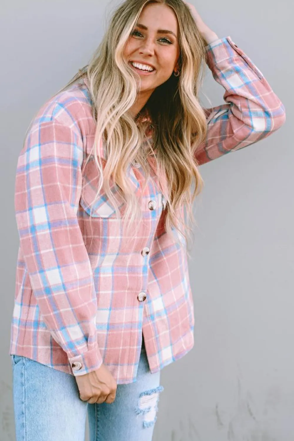 New Dear-Lover Plaid Flap Pocket Flannel Shacket Pink