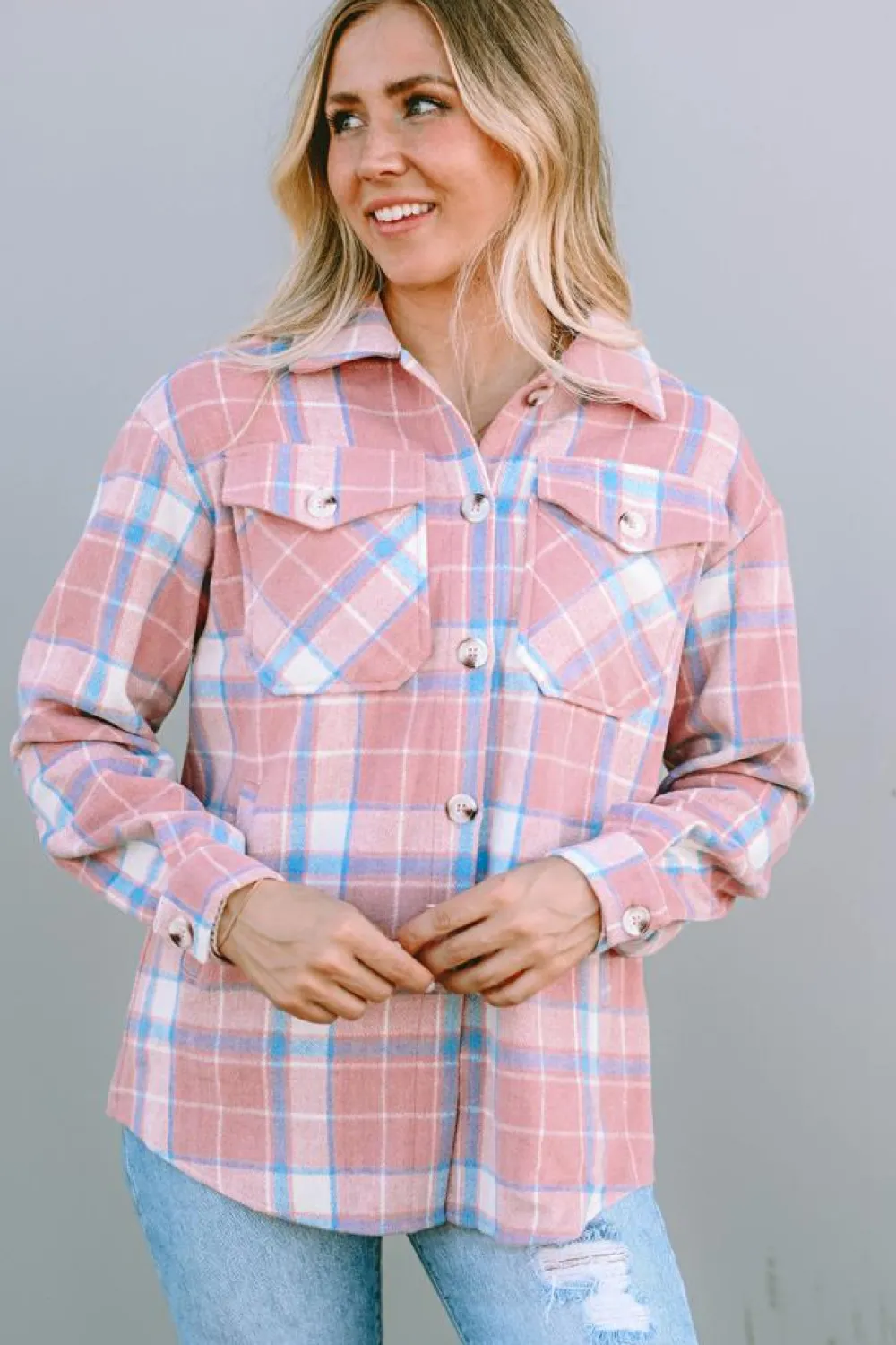 New Dear-Lover Plaid Flap Pocket Flannel Shacket Pink