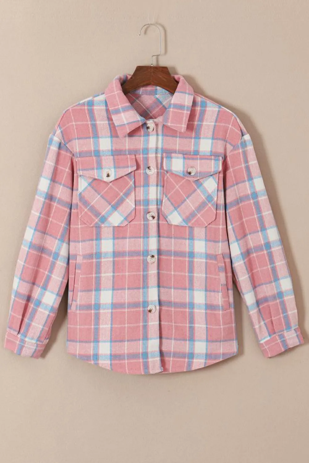 New Dear-Lover Plaid Flap Pocket Flannel Shacket Pink