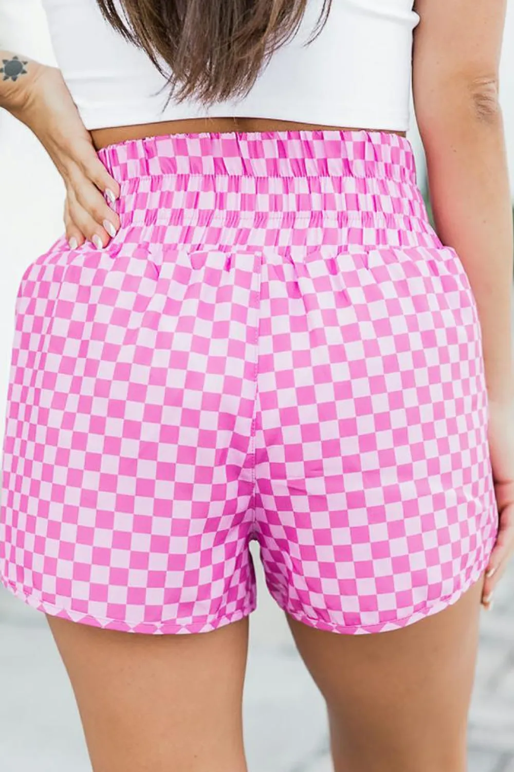 Hot Dear-Lover Pink Plaid High Waisted Athletic Shorts Pink-2