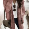 Fashion Dear-Lover Plaid Knitted Long Open Front Cardigan Pink