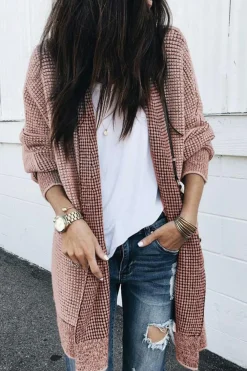 Fashion Dear-Lover Plaid Knitted Long Open Front Cardigan Pink