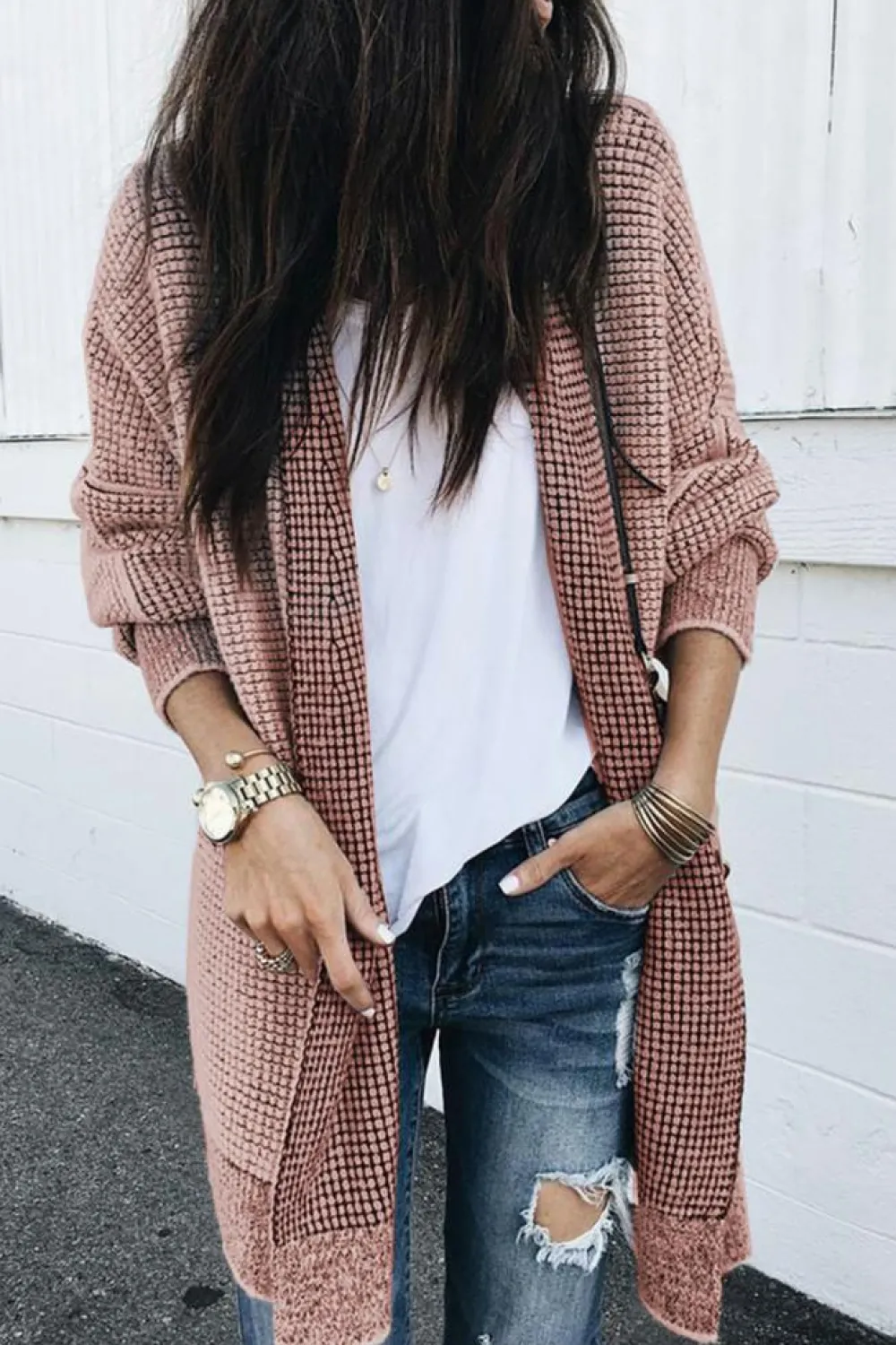Fashion Dear-Lover Plaid Knitted Long Open Front Cardigan Pink