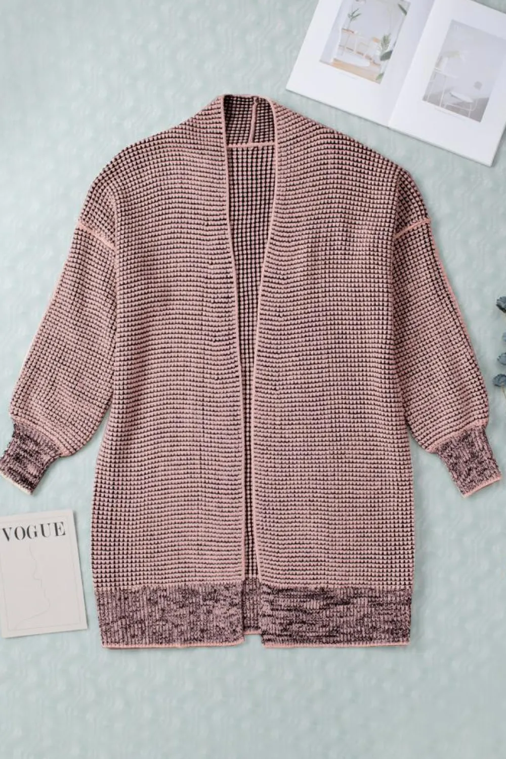 Fashion Dear-Lover Plaid Knitted Long Open Front Cardigan Pink