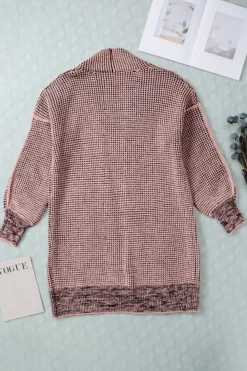 Fashion Dear-Lover Plaid Knitted Long Open Front Cardigan Pink