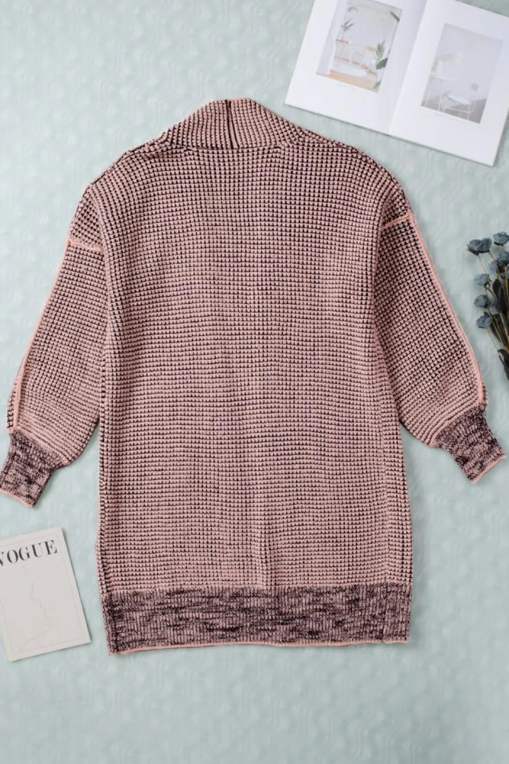 Fashion Dear-Lover Plaid Knitted Long Open Front Cardigan Pink
