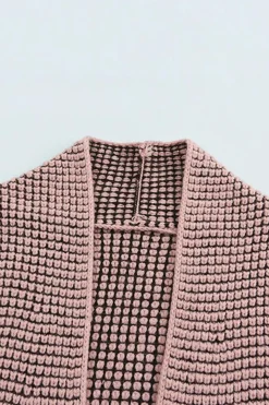 Fashion Dear-Lover Plaid Knitted Long Open Front Cardigan Pink