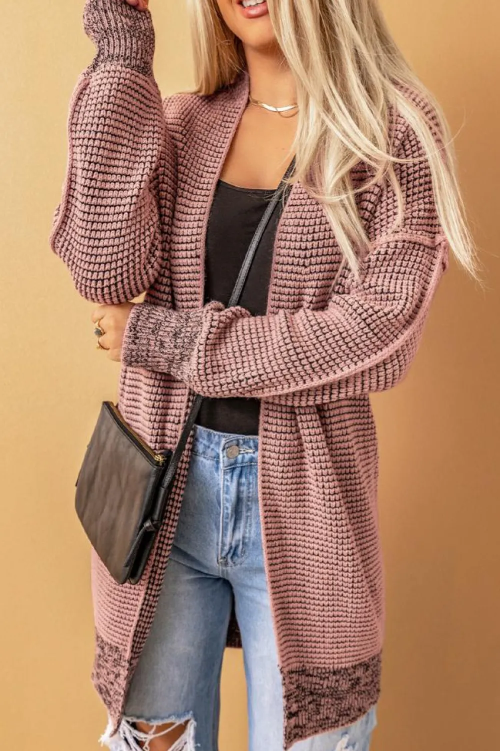 Fashion Dear-Lover Plaid Knitted Long Open Front Cardigan Pink
